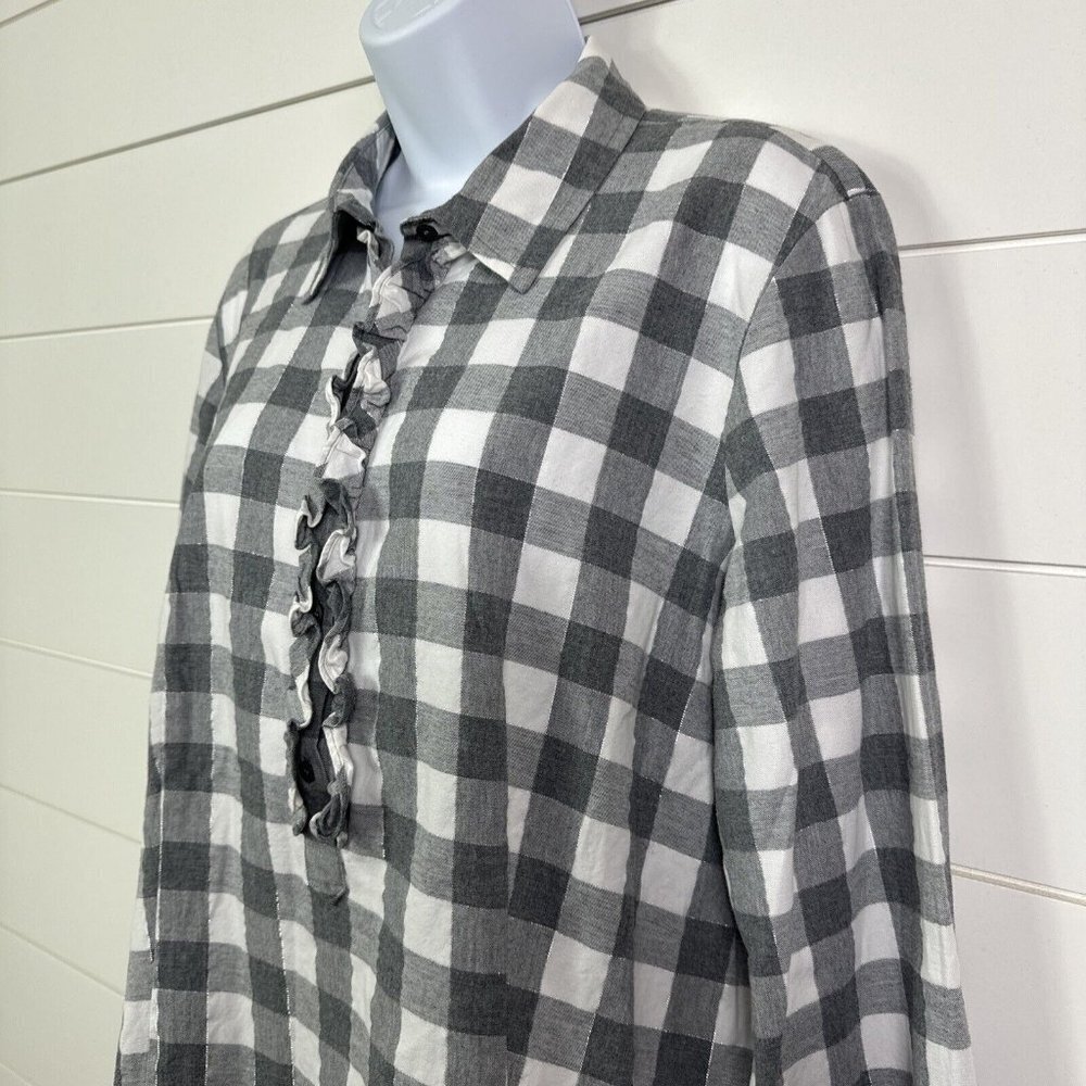 Talbots Checked Pattern Ruffle Button Front Shirt Gray White sz 14 - Picture 4 of 7